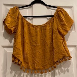 Forever 21 mustard off the shoulder tassel top